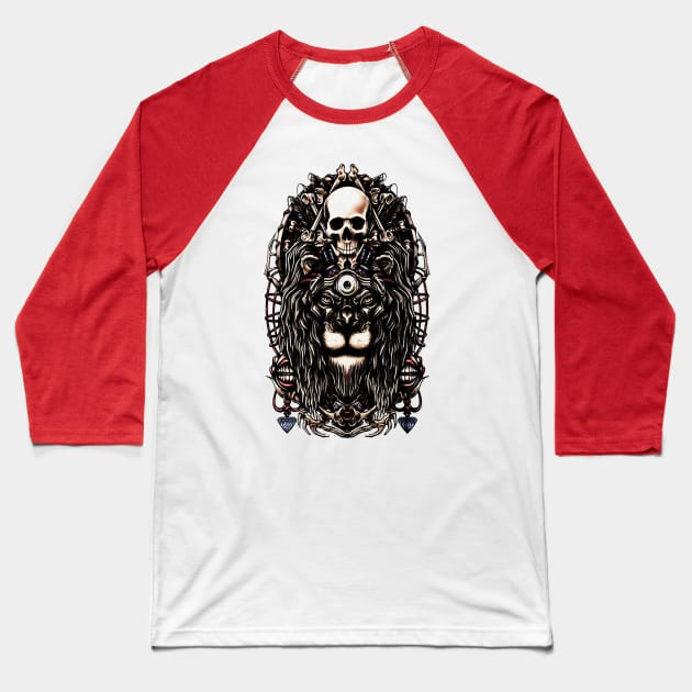 Dark Lion Skull Unique Illustration Baseball T-Shirt by nahuelfaidutti